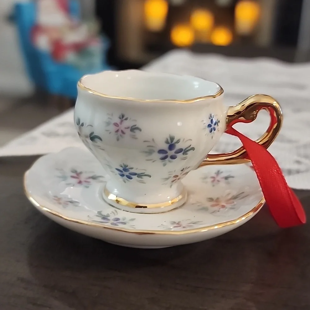 Christmas ornaments, miniature tea cups and tea pots
